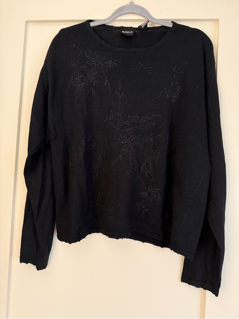 Erika Black Crewneck Sweatshirt with Subtle Floral Embroidery